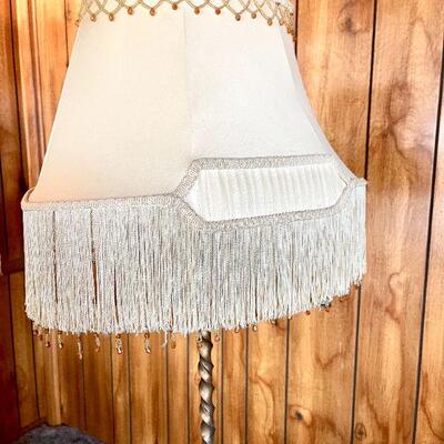 LOT 165  ANTIQUE METAL TWIST FLOOR LAMP FRINGE SHADE