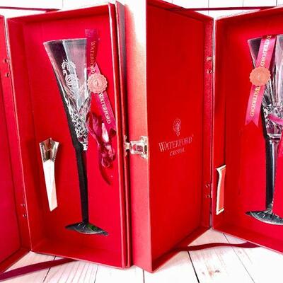 LOT 169  WATERFORD 12 DAYS OF CHRISTMAS CHAMPAGNE FLUTES ORNAMENT BOX & PAPERWORK  NO 7 & 8 JIM O'LEARY