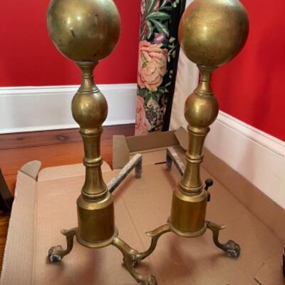 A231 Vintage Large Round Ball Brass Andirons with Ball and Claw Feet 