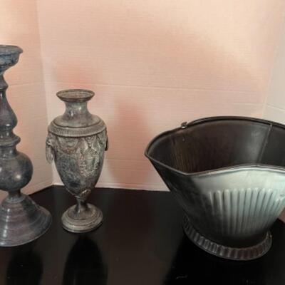 A234 Antique Coal Hod with Bombay Urn and Candlestick 