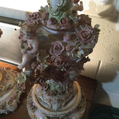 Large 36â€ Pair of Capodimonte Figural Cherub Lamps