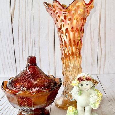 LOT 187  ANTIQUE CARNIVAL GLASS VASE VINTAGE COVERED DISH w/BEES & DREAMSICLES FIGURE