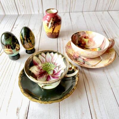 LOT 190 GROUP OF PAINTED POTTERY & 2 RUSSIAN LACQUER EGGS