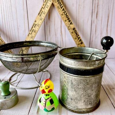 LOT 184  VINTAGE KITCHEN GROUP SIFTER STRAINER FOLDING RULER MATCH BOX HOLDER & MISC COUNTRY FARM HOUSE