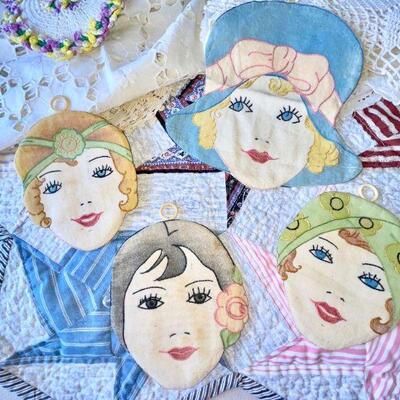 LOT 185  GROUP OF VINTAGE KITCHEN EMBROIDERED LADY HEAD POT HOLDERS CLOTHES PIN DRESS &, DOILIES 