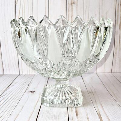 LOT 198  HEAVY FROSTED & CLEAR GLASS FOOTED COMPOTE TULIP BOWL