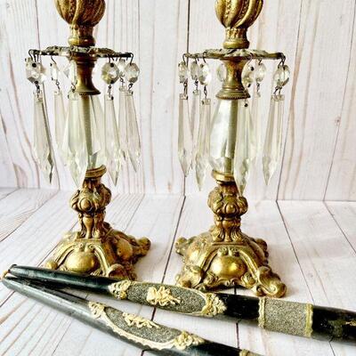 lot 203  VINTAGE FANCY METAL CANDLE STICKS CRYSTALS & DECORATED CANDLES