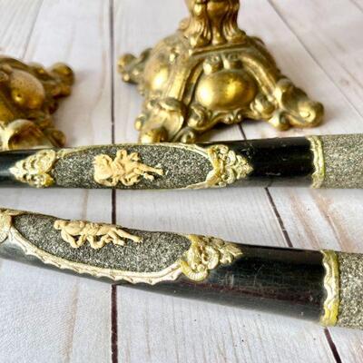 lot 203  VINTAGE FANCY METAL CANDLE STICKS CRYSTALS & DECORATED CANDLES