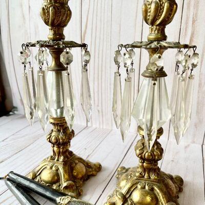 lot 203  VINTAGE FANCY METAL CANDLE STICKS CRYSTALS & DECORATED CANDLES