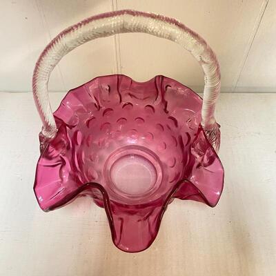Fenton Cranberry Glass Basket / Hobnail