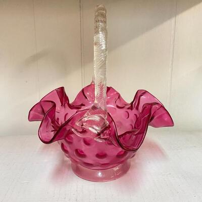 Fenton Cranberry Glass Basket / Hobnail