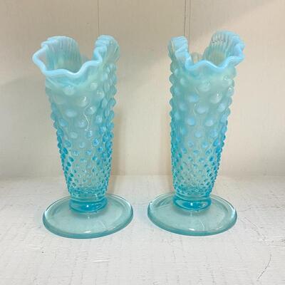 Pair Fenton Blue Hobnail Fan Vases