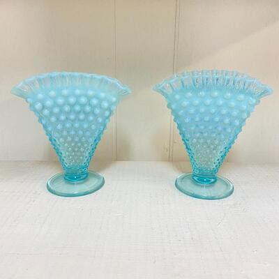 Pair Fenton Blue Hobnail Fan Vases