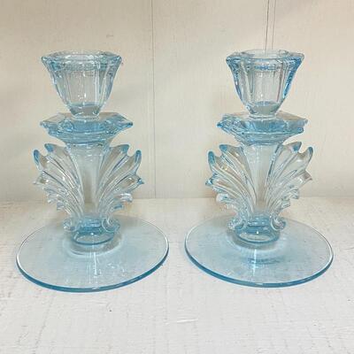 Pair of Fostoria Baroque Azure Blue Candlestick Holders