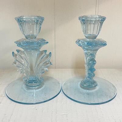 Pair of Fostoria Baroque Azure Blue Candlestick Holders