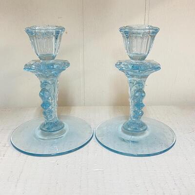 Pair of Fostoria Baroque Azure Blue Candlestick Holders