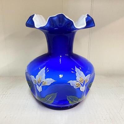 Fenton Blue Floral Pinch Vase - Signed
