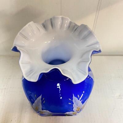 Fenton Blue Floral Pinch Vase - Signed