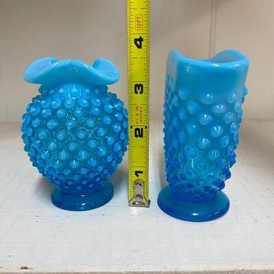 Blue Fenton Hobnail Vases / Ruffled & Fan