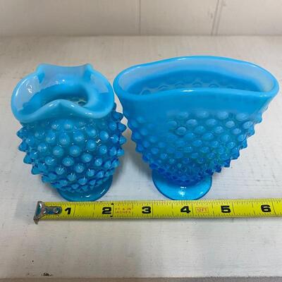 Blue Fenton Hobnail Vases / Ruffled & Fan