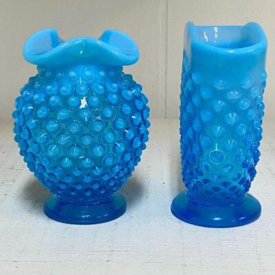 Blue Fenton Hobnail Vases / Ruffled & Fan