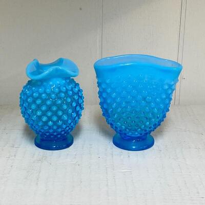Blue Fenton Hobnail Vases / Ruffled & Fan