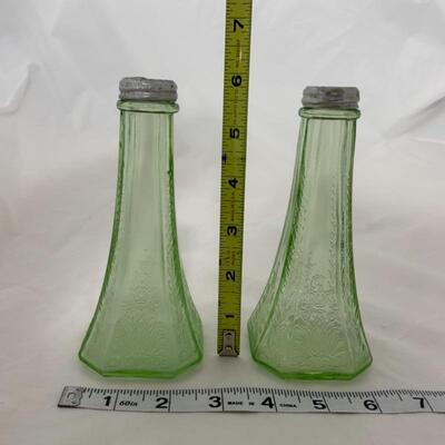 .105. VINTAGE | Princess Pattern | 6â€ Green Depression Glass Shakers