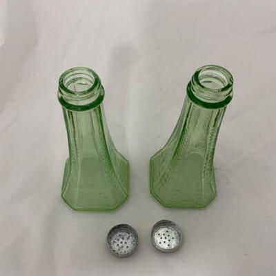 .105. VINTAGE | Princess Pattern | 6â€ Green Depression Glass Shakers