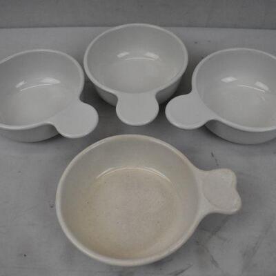 4 Soup Bowls: 3 White Corning Ware & 1 cream