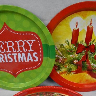 5 Holiday Trays: 3 Round are Metal, 2 Plastic