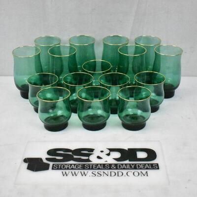 16pc Green Glassware with Gold Rings; 8 Tall, 8 Short - Used