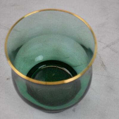 16pc Green Glassware with Gold Rings; 8 Tall, 8 Short - Used