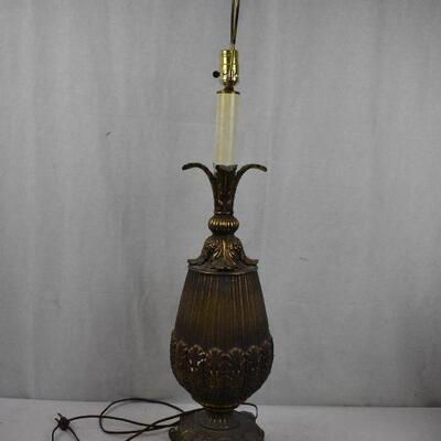 Gold and Brass Colored Lamp with Design, Metal Base - Slight chipping, Works