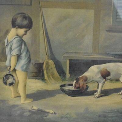 Art Print Boy and Dog with Water, Damaged Frame 