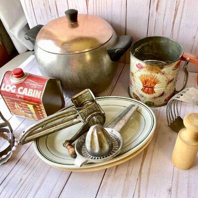 LOT 211  VINTAGE KITCHEN GROUP ALUMINUM POT UTENSILS SIFTER RESTAURANT PLATES ETC.