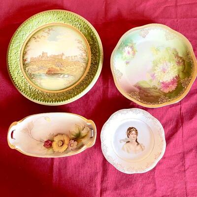 LOT 218  ANTIQUE PAINTED CHINA PLATES & FLUE COVER 