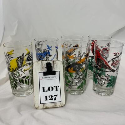 .127. VINTAGE | Six Bird Glasses | Goldfinch | Blue Bird | Oriole | Scarlet Tanager