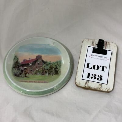 .133. ANTIQUE | Log Cabin Palmer Park | Detroit Michigan | Porcelain Tea Trivet