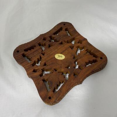 .135. VINTAGE | Hand Carved | Inlaid Wood Trivet