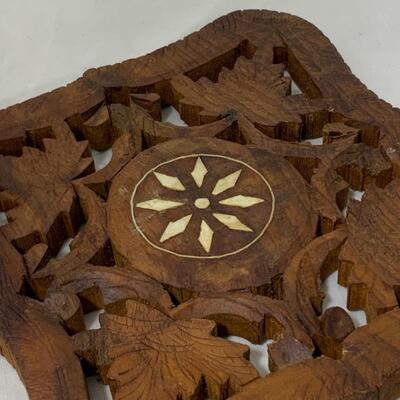 .135. VINTAGE | Hand Carved | Inlaid Wood Trivet