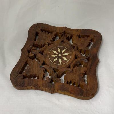 .135. VINTAGE | Hand Carved | Inlaid Wood Trivet