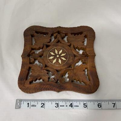 .135. VINTAGE | Hand Carved | Inlaid Wood Trivet