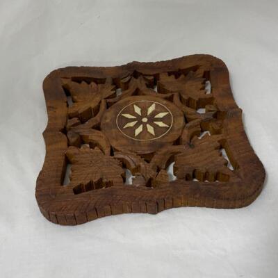 .135. VINTAGE | Hand Carved | Inlaid Wood Trivet