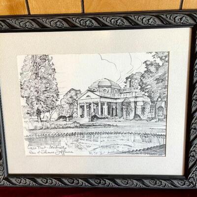 LOT 232  FRAMED SKETCH PRINTS MT VERNON JAS F MURRAY MONTICELLO CHARLES OVERLY