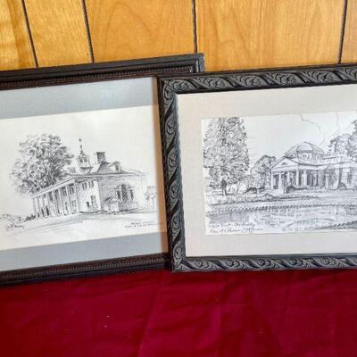 LOT 232  FRAMED SKETCH PRINTS MT VERNON JAS F MURRAY MONTICELLO CHARLES OVERLY