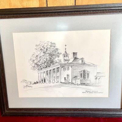 LOT 232  FRAMED SKETCH PRINTS MT VERNON JAS F MURRAY MONTICELLO CHARLES OVERLY