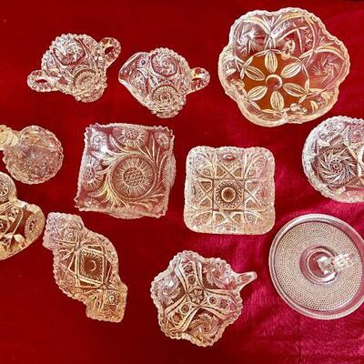 LOT 236  VINTAGE PRESSED CLEAR GLASS GROUP OF CANDY DISHES SUGAR & CREAMER CRUET ETC.