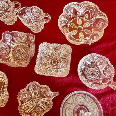 LOT 236  VINTAGE PRESSED CLEAR GLASS GROUP OF CANDY DISHES SUGAR & CREAMER CRUET ETC.