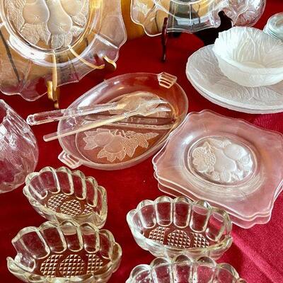 LOT 237  VINTAGE GROUP OF CLEAR & FROSTED GLASS PLATES BOWLS SALAD SET SPOON RESTS