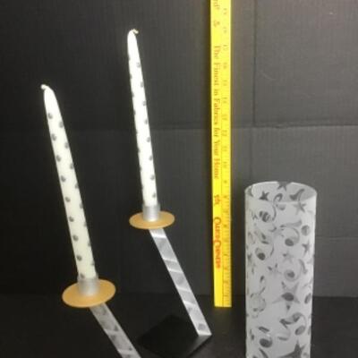 S- 1178 Pair of  Bruce R. MacDonald, Abstract Metal Candle Stick-holders & Musical Notes Vase 